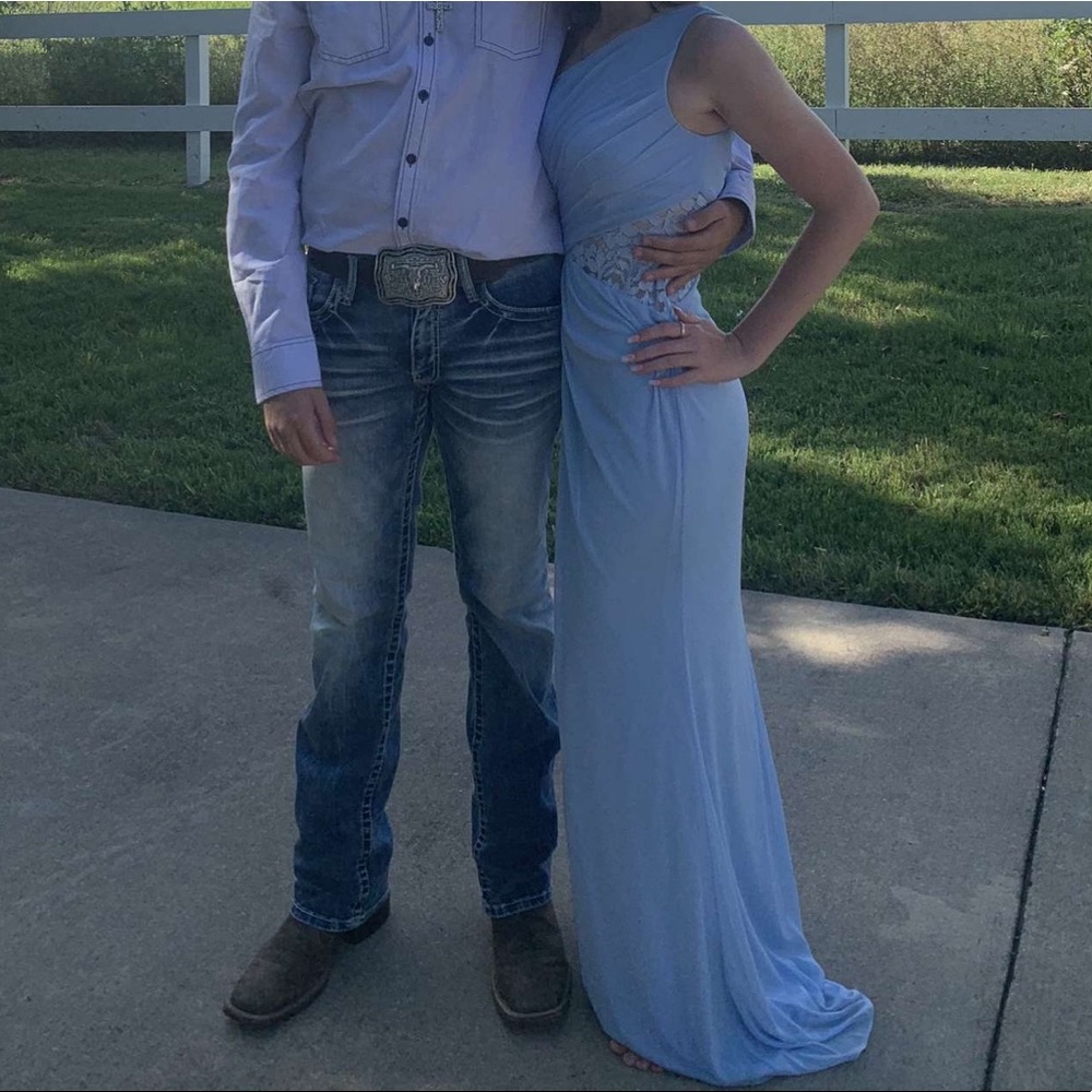 David’s Bridal One Shoulder Dress Baby Blue